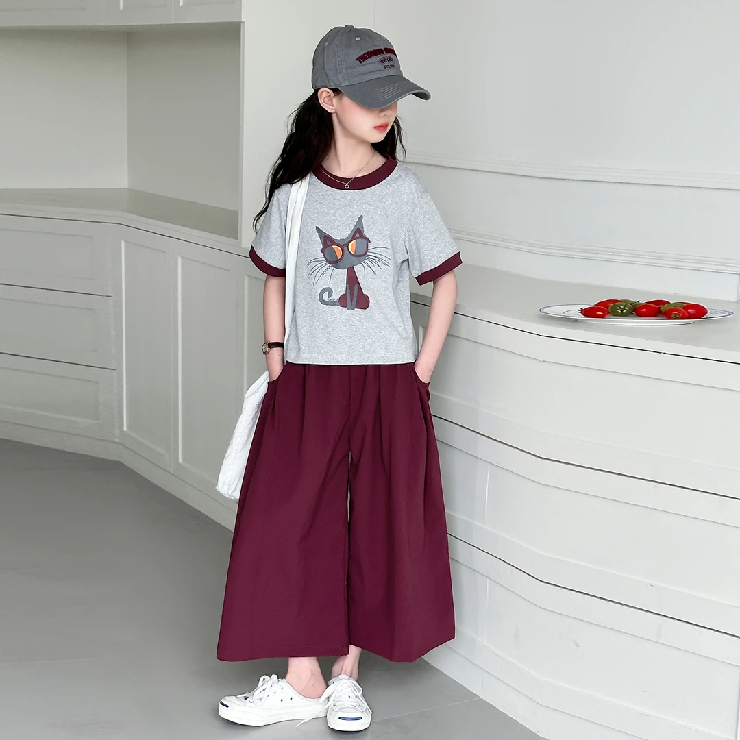 女童夏装套装2025新款大童夏季韩系休闲短袖T恤儿童阔腿裤两件套