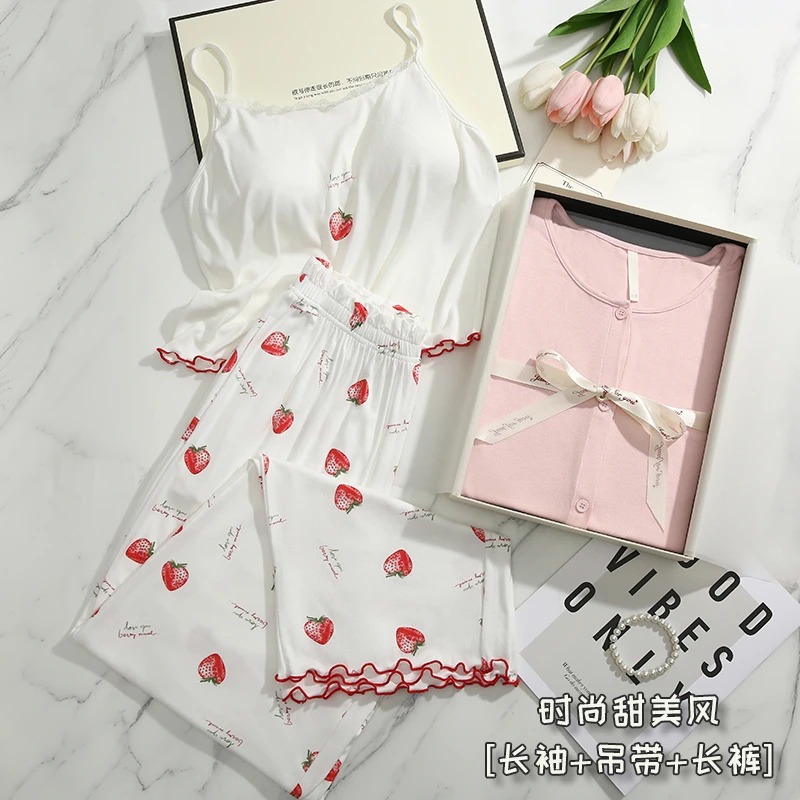 2025新款睡衣女春夏季甜美带胸垫纯欲风可外穿家居服三件套礼盒装
