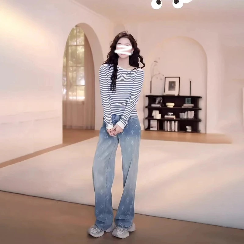 韩版蓝色斜肩撞色条纹设计感长袖t恤女春季爆款字母辣妹露肩上衣