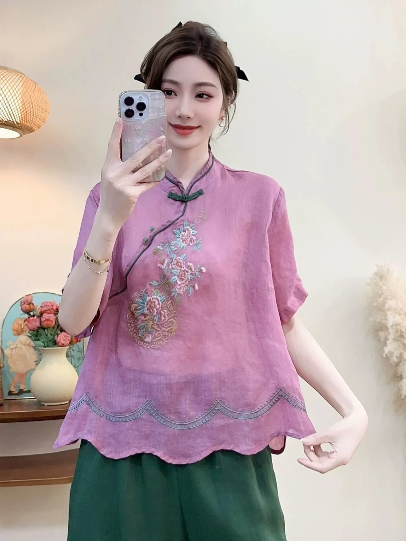 国风苎麻刺绣立领小衫纯苎麻绝美上衣
