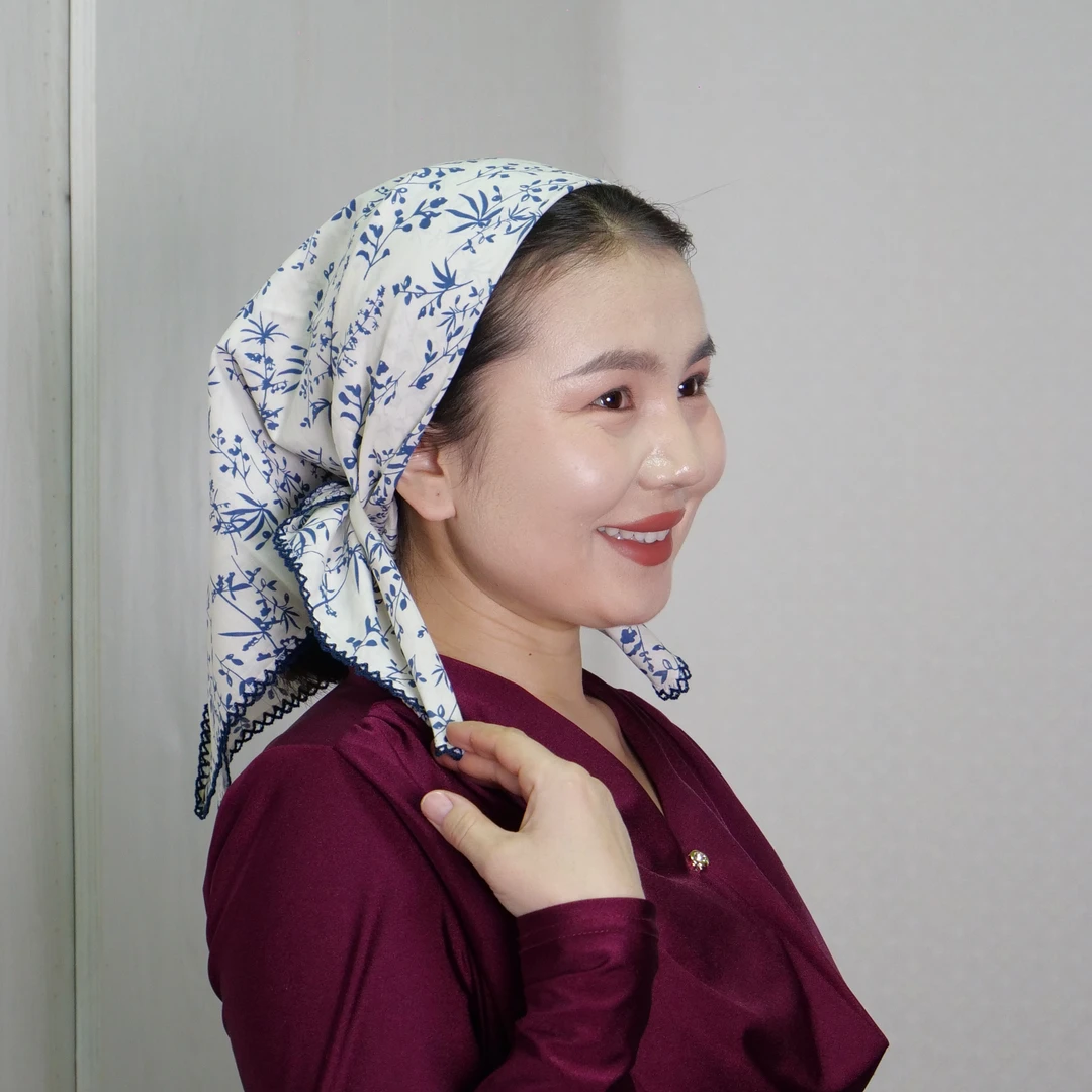 蓝色碎花 70*70面纱头巾