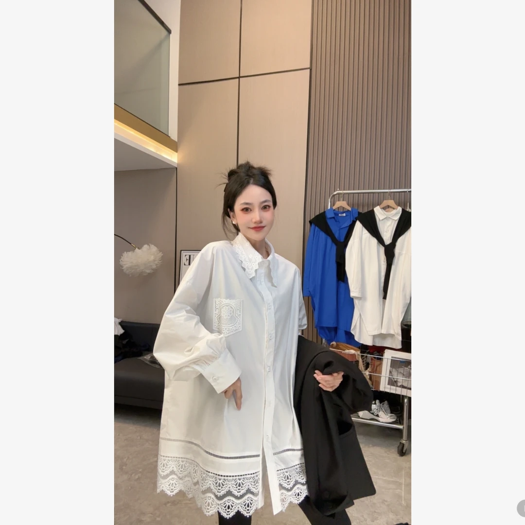 【一路生花】春上新~温柔气质蕾丝口袋宽松中长款长袖百搭衬衫