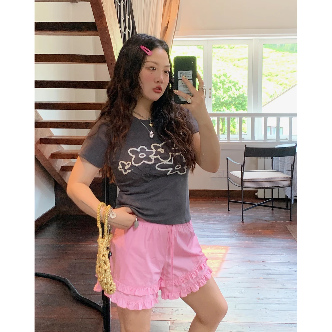 Dazi金大支  粉色荷叶边短裤0529/0244大码女胖mm显瘦裤子