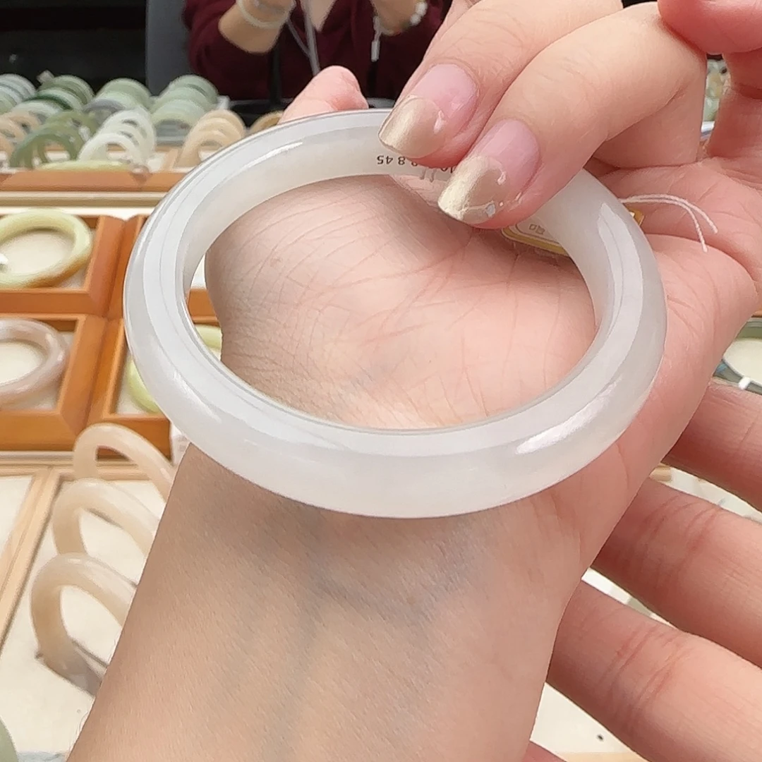 和田玉未镶嵌手镯高冰胶起猫光 荔枝白正圈56-57精品高性价比