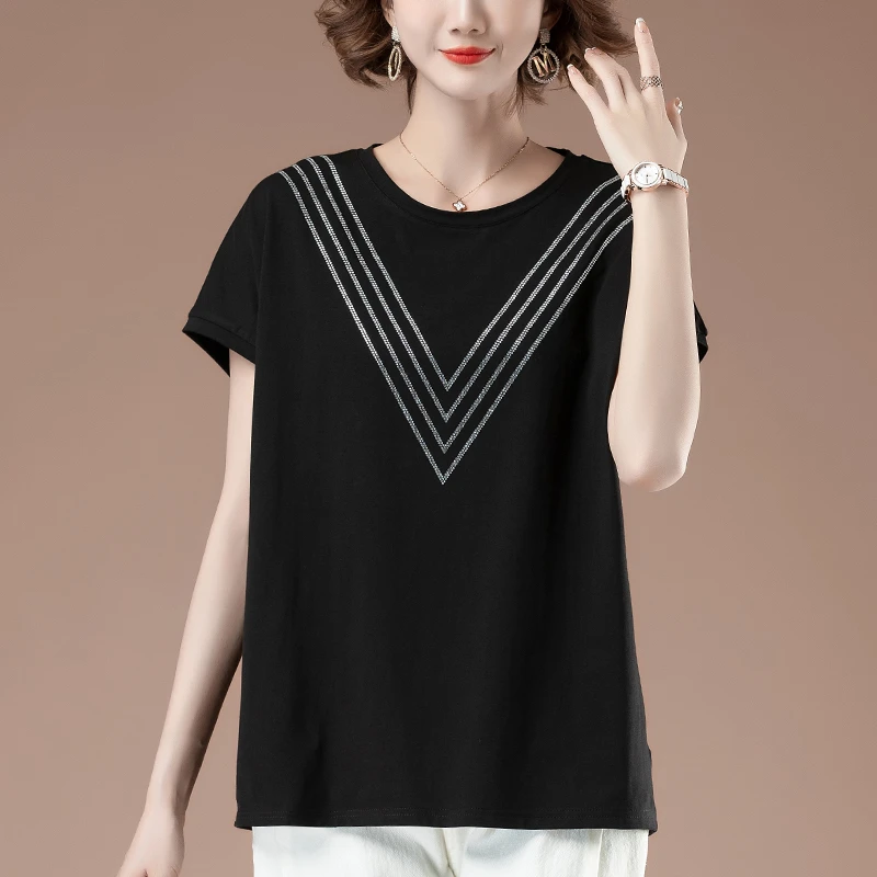 中年妈妈短袖t恤女夏季加肥加大码女装宽松全棉百搭遮肚显瘦体恤