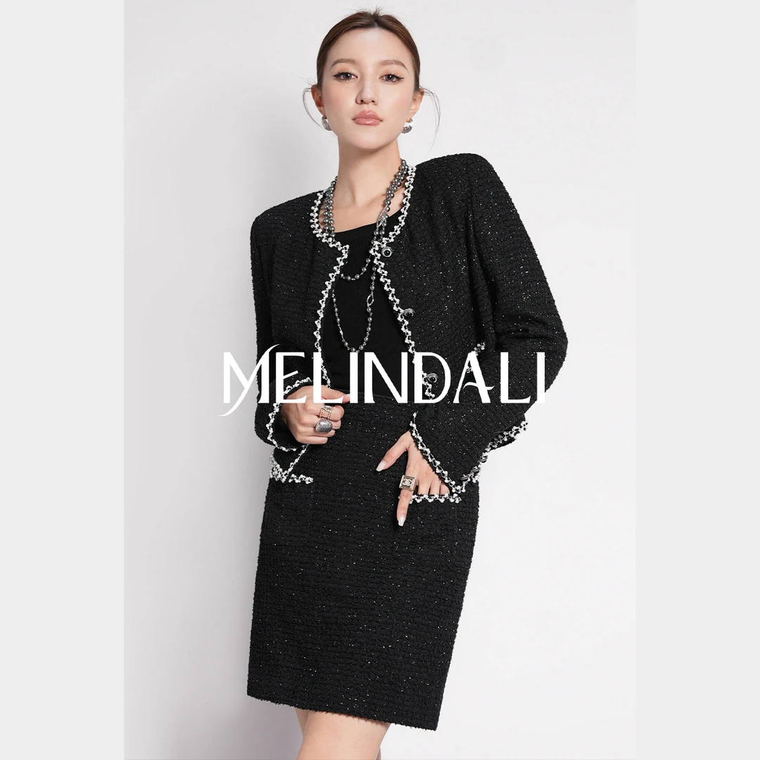 Melinda Li【黑银满天星】韩国进口银葱花纱手工串珠小香风外套半裙