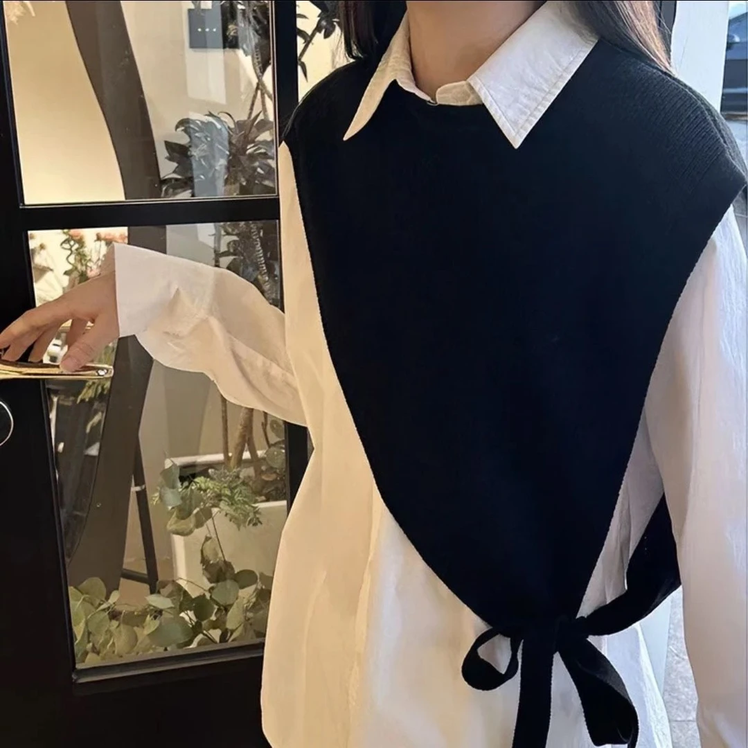 韩版新款马甲女叠穿洋气飘带穿搭高级感小众设计斜边三角针织披肩