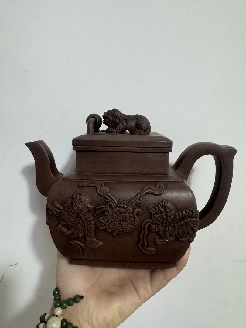 宜兴紫砂原矿珍藏老料四方贴片卡盖全手工狮球紫砂壶