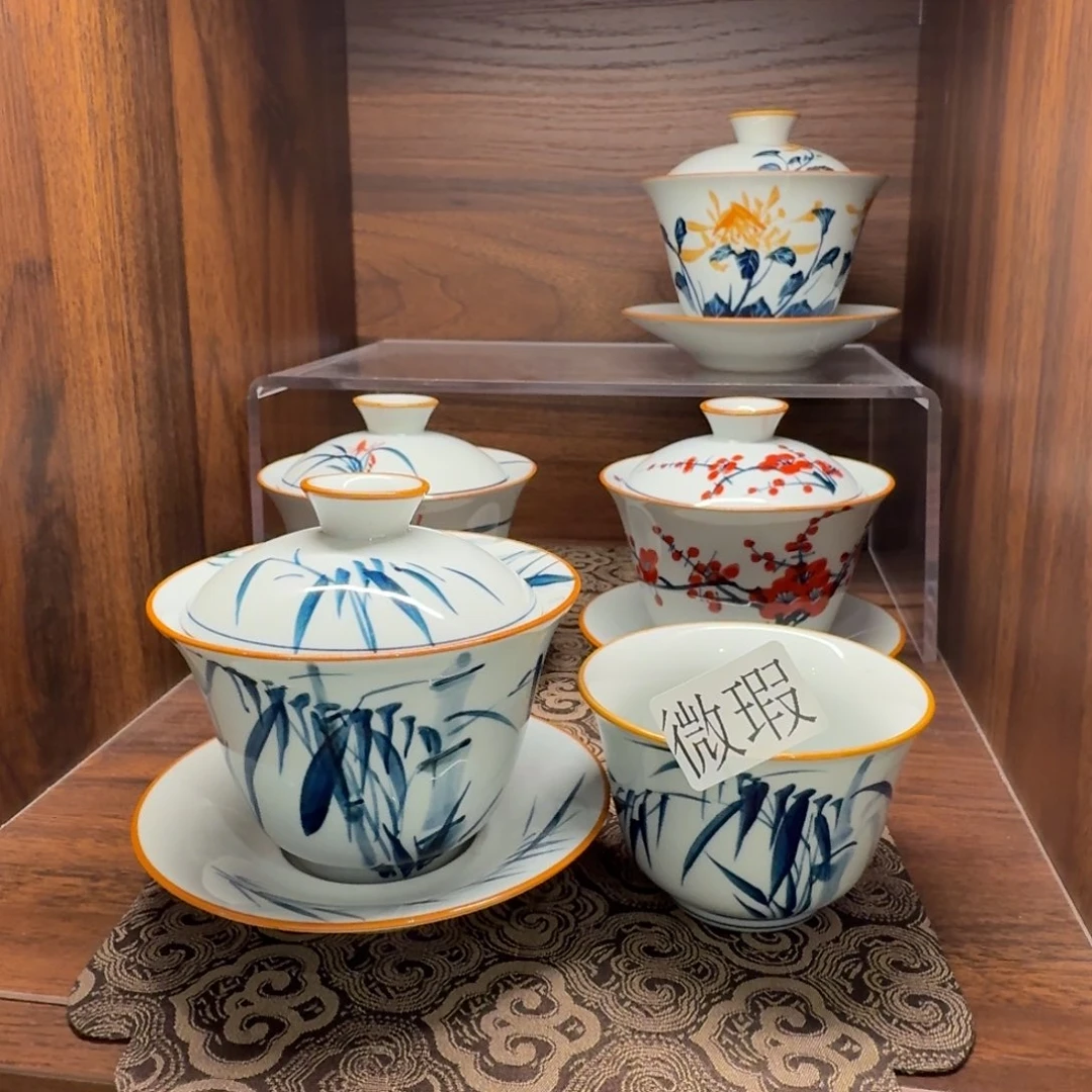 釉下手绘茶具微瑕