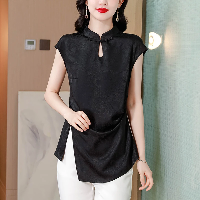 气质缎面洋气立领国风新中式短袖女无袖提花开叉上衣纯色砍袖夏季