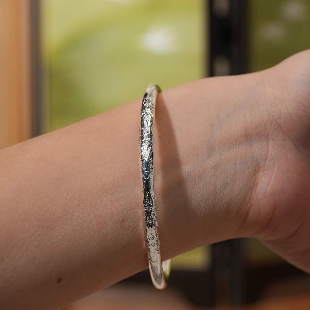 铜合金手镯 卷草纹描金手镯镀银古法实心手镯