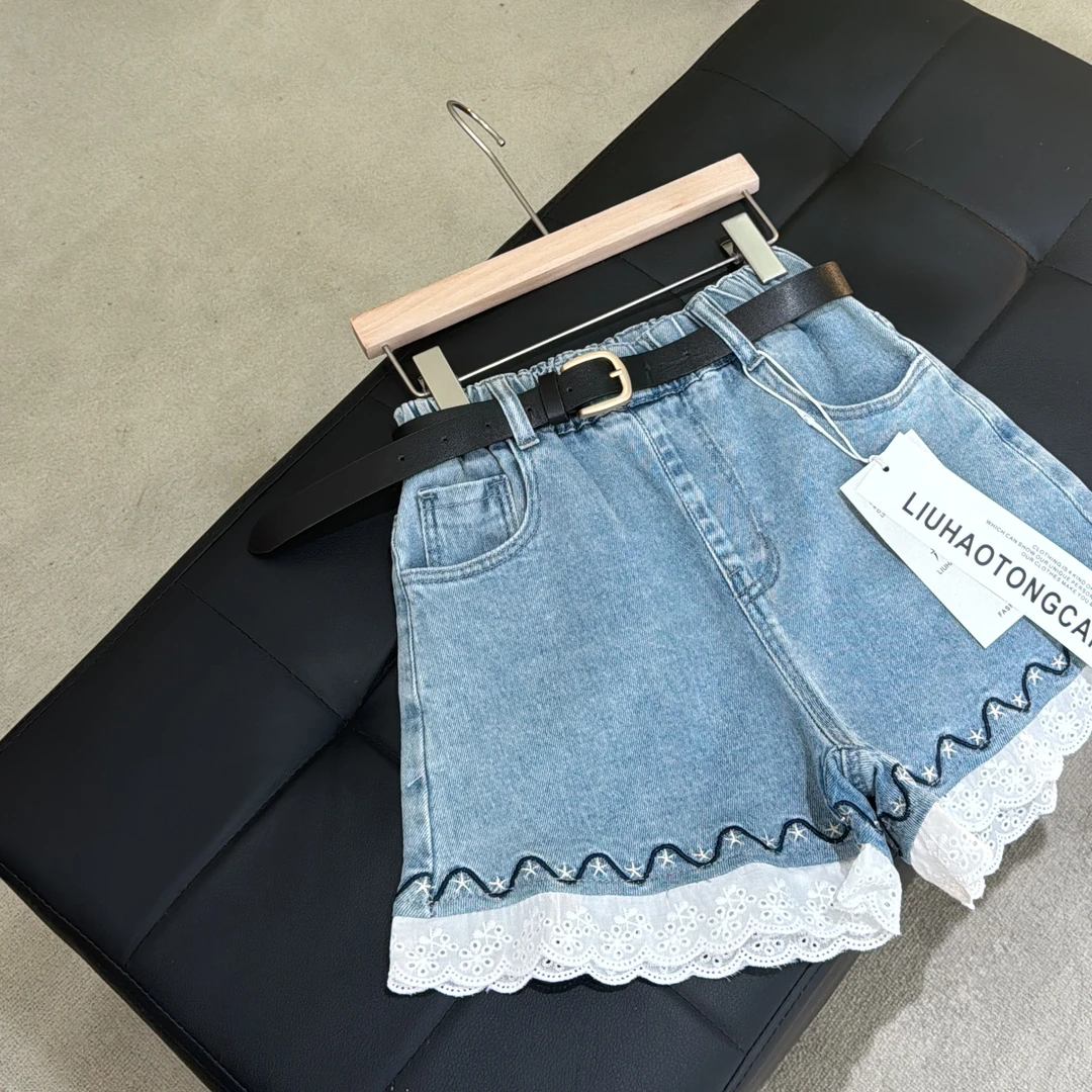 女童夏季牛仔短裤2025新款儿童蕾丝洋气高腰时尚百搭阔腿韩版