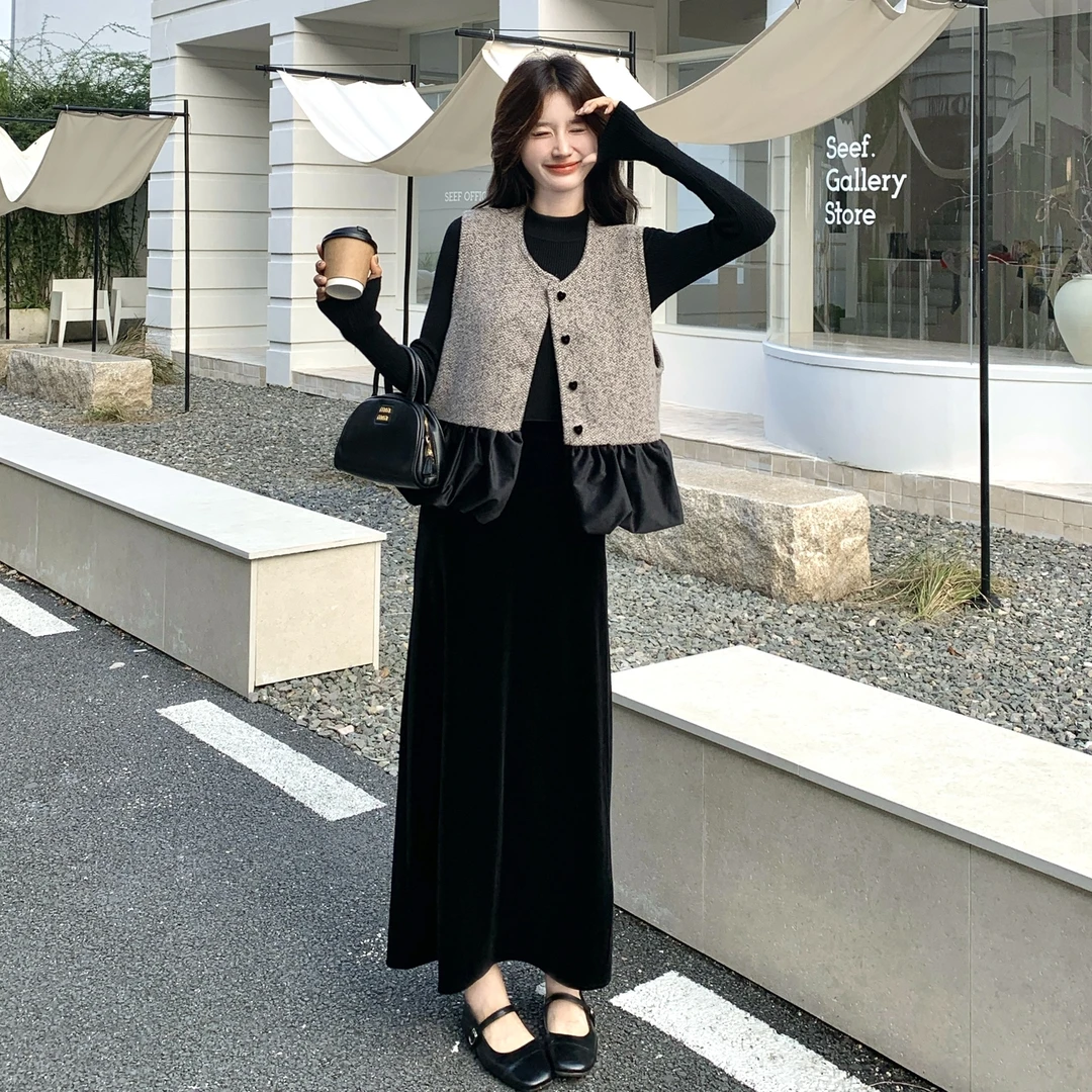 新中式马甲毛衣丝绒半身裙套装女秋2025新款轻熟风黑色显瘦三件套