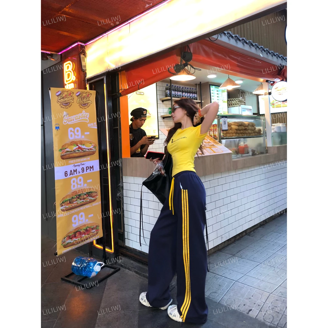 婉君【蓝拼黄阔腿裤】美式嘻哈条纹阔腿垂感休闲裤LWJ25A1K227