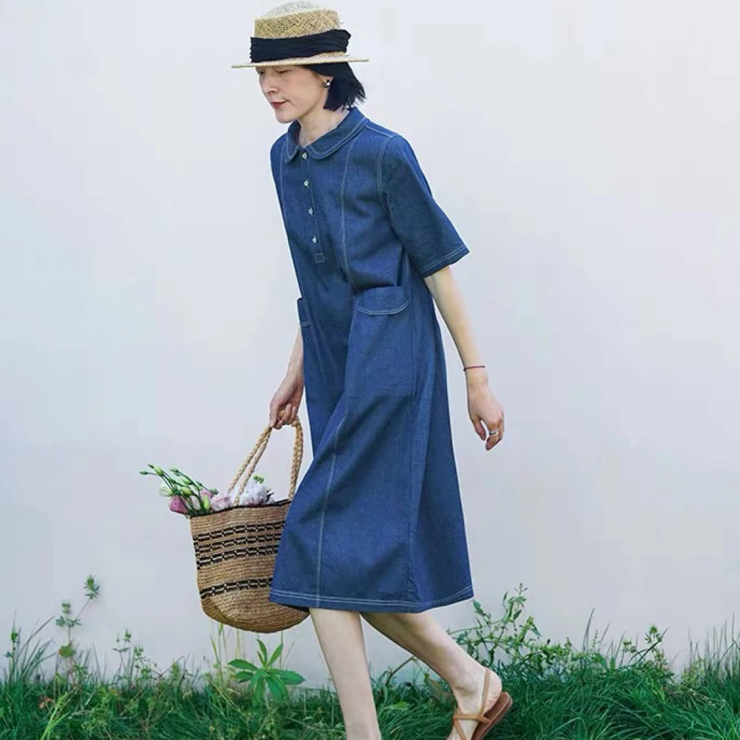 F113  圆领牛仔棉显瘦A字摆 休闲连衣裙