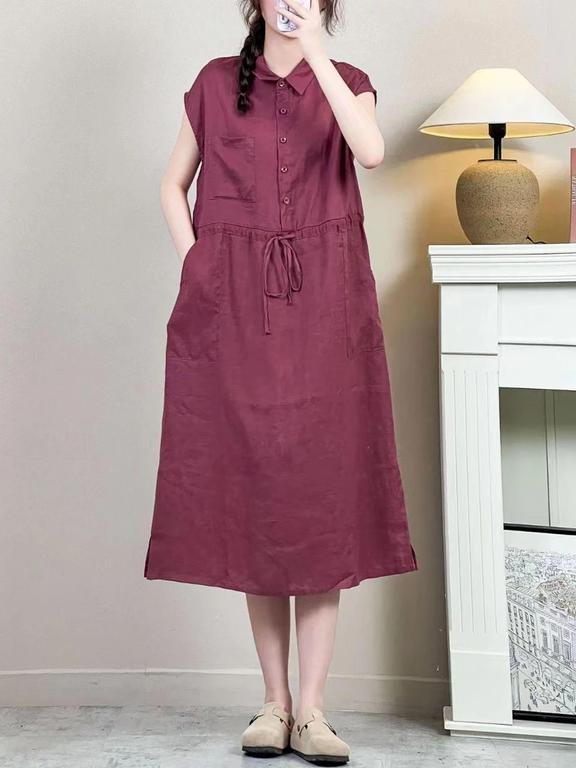 喜悦 气质高端 水洗亚麻衬衫领连衣裙简约抽绳收腰宽松显瘦长裙