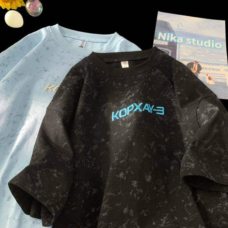 美式短袖t恤男夏季2025新款潮牌扎染设计感休闲圆领百搭五分潮流