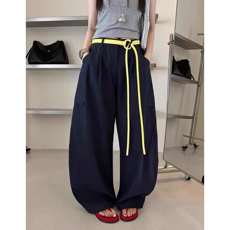 美式复古时尚高腰显瘦工装裤女夏季薄款设计感休闲宽松束脚阔腿裤