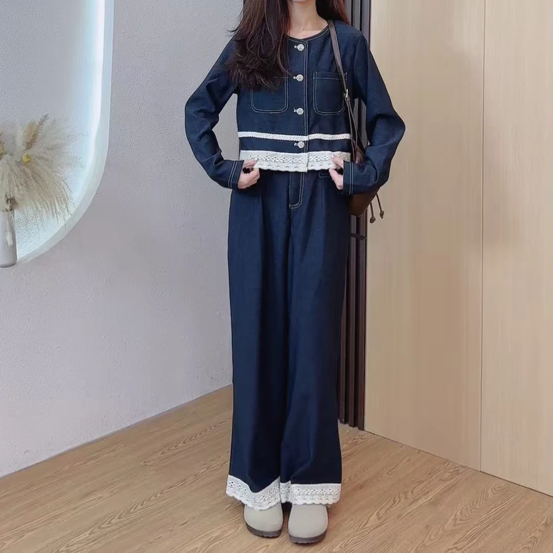 小个子秋季时尚显瘦气质女士牛仔外套阔腿裤休闲套装
