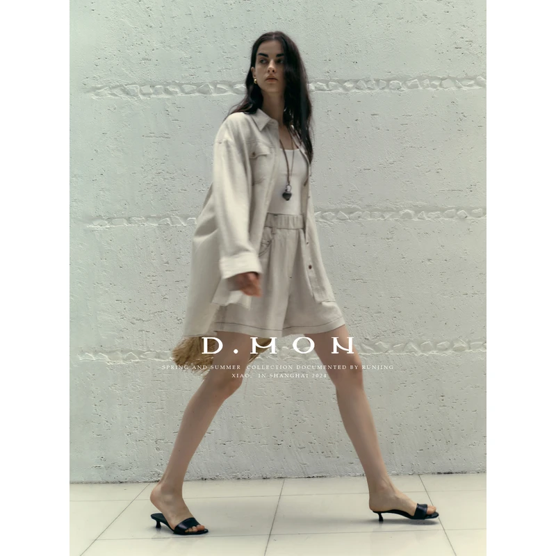 DMON|摩登老钱风 亚麻宽松衬衫松紧腰短裤套装
