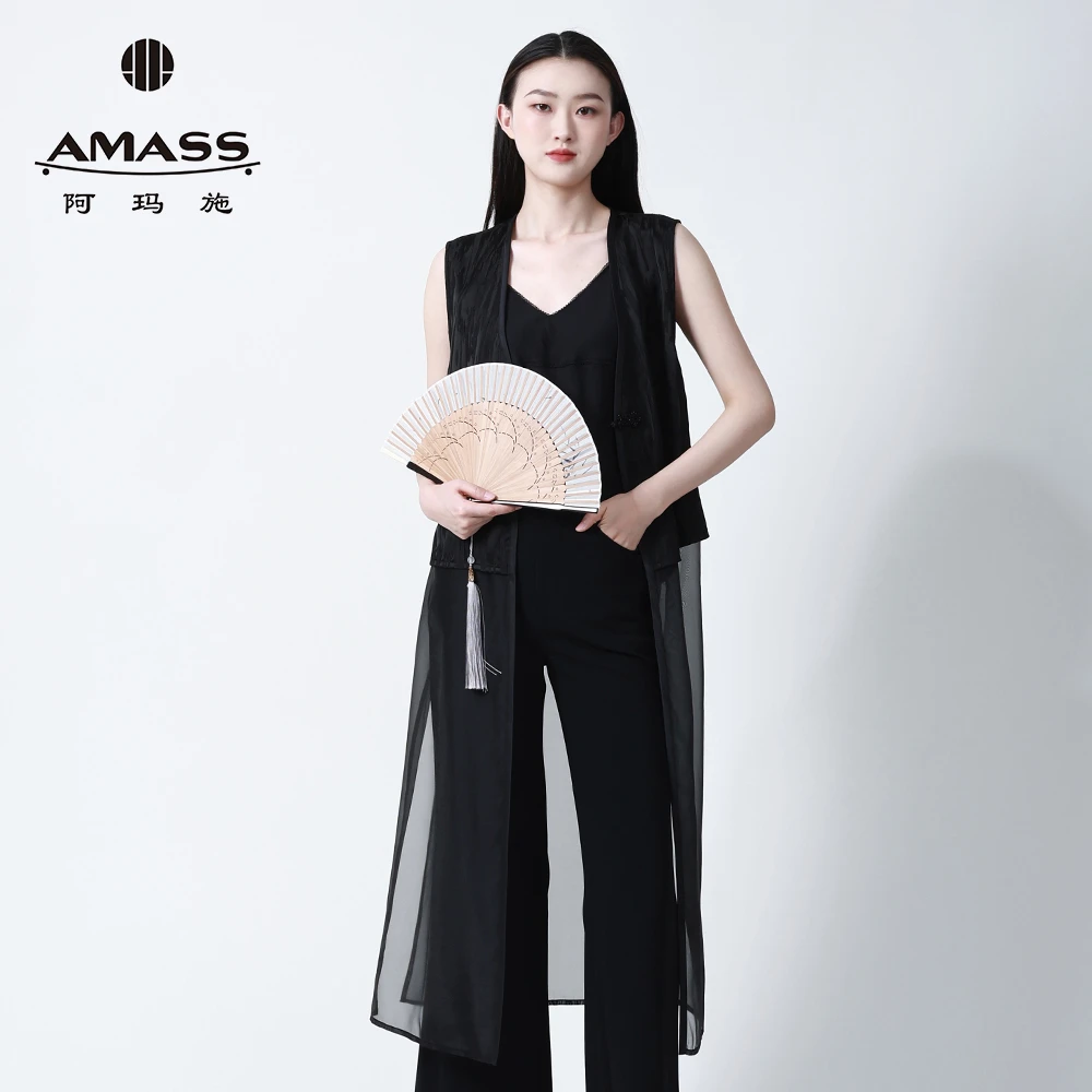 阿玛施AMASS新中式暗纹一粒扣下摆透视飘逸背心马甲外套女540013