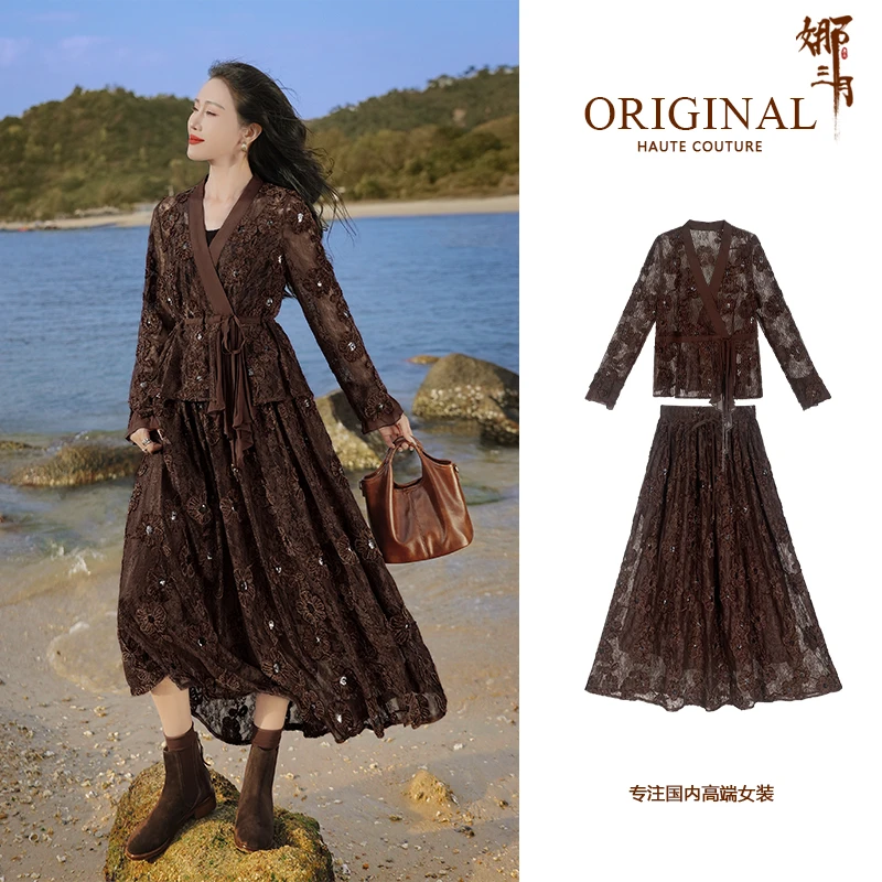复古气质高级春季出游服装女裙子刺绣遮肉显瘦套装裙960358连衣裙