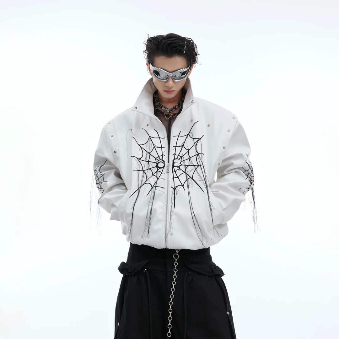 ArguE重磅小众蜘蛛网流苏设计感机车皮衣金属铆钉朋克夹克外套潮