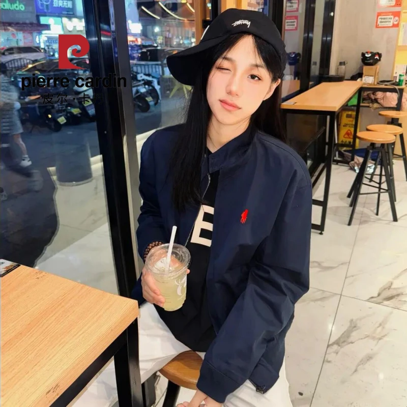 皮尔卡丹小马刺绣美式复古藏青色哈林顿夹克男vintag飞行员外套潮