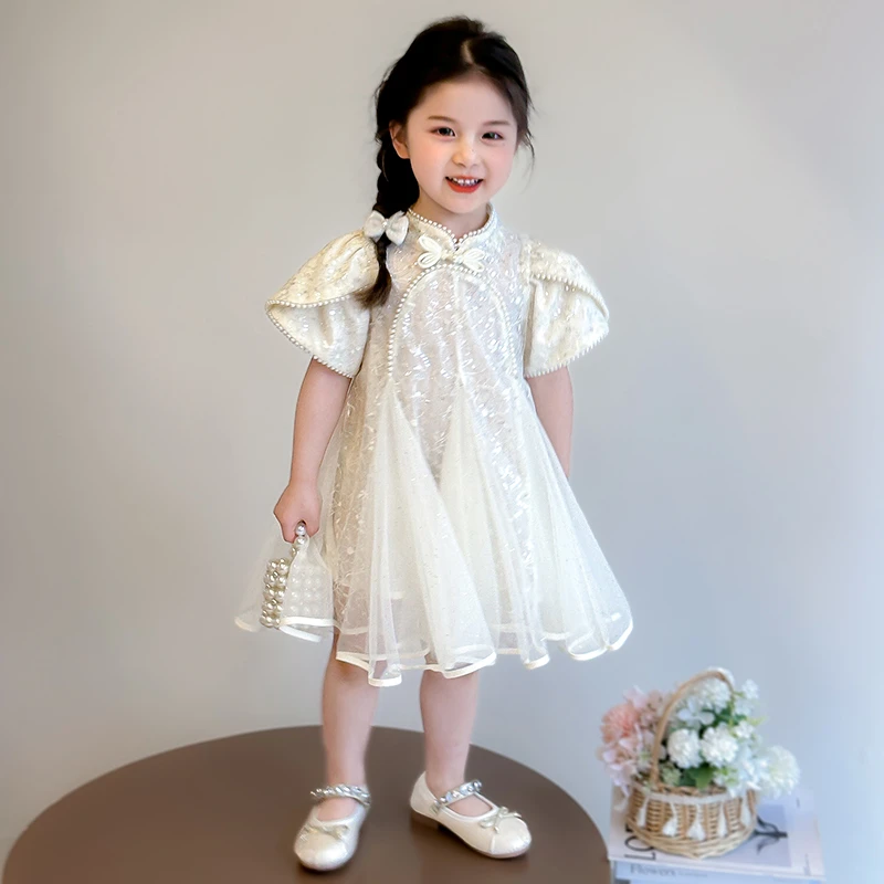 女童连衣裙夏装2025新款儿童新中式蕾丝公主裙夏季国风亮片网纱裙