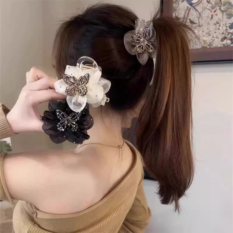 蝴蝶网纱气质中号夹丸子头抓夹女氛围感高级感百搭马尾盘发夹发饰