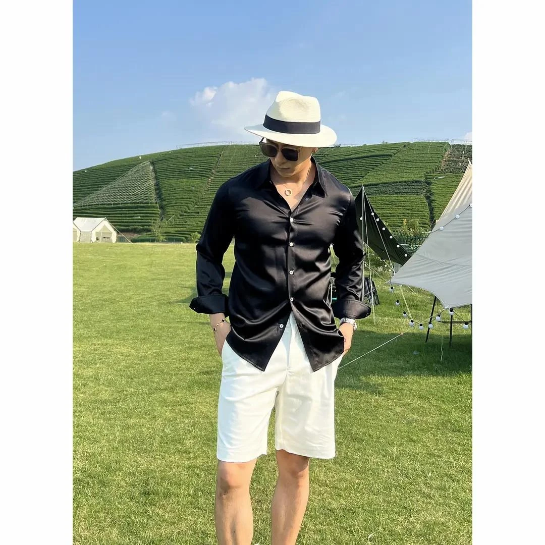 2025夏季高端帅气醋酸丝滑凉感长袖衬衫男宽松轻奢简约衬衣外套薄