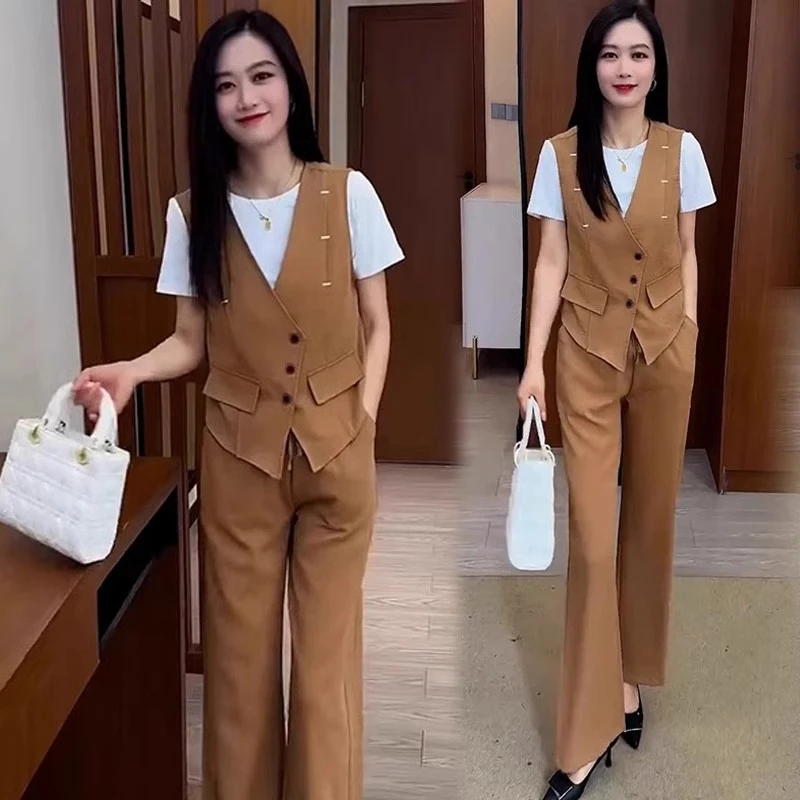 时尚休闲套装女夏季新款洋气显瘦马甲短袖T恤直筒阔腿裤三件套潮