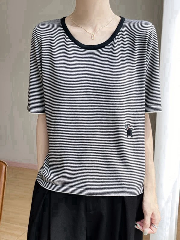 天丝羊毛细条纹小狗刺绣针织短袖女