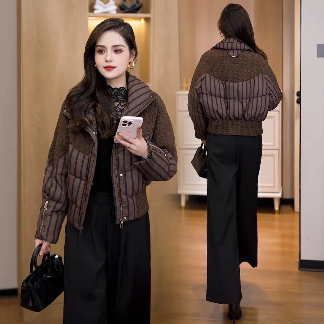 时尚洋气条纹短款棉服女2025冬季新款小个子显瘦保暖棉袄棉衣外套