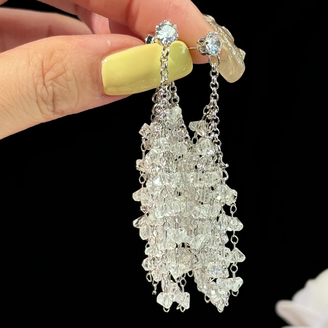 铜合金耳饰 千易】小众高级感长款两戴水晶流苏耳环气质时尚耳钉女