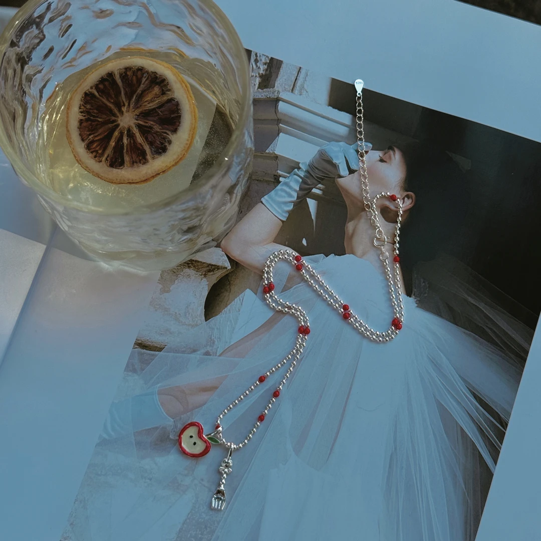 坠链均925银 原创通体s925银项链苹果叉子吊坠滴釉百搭小众时尚