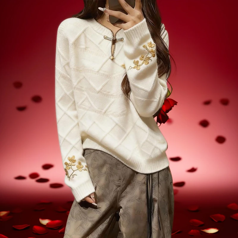 新中式国风女士秋冬2025款高端时尚洋气绝美内搭印花针织毛衣新款