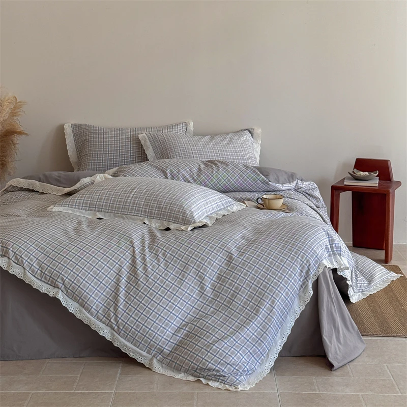 A类汉麻亚麻皱皱纱印花四件套609蓝小格