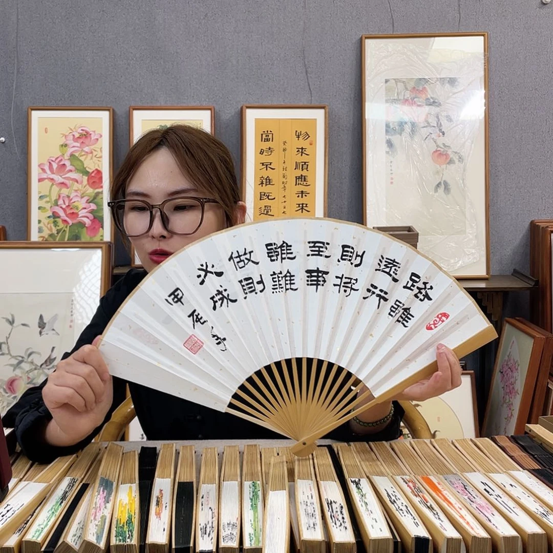 国画95寸玉竹-纯手绘-文玩扇骨（默认粘好）路虽他