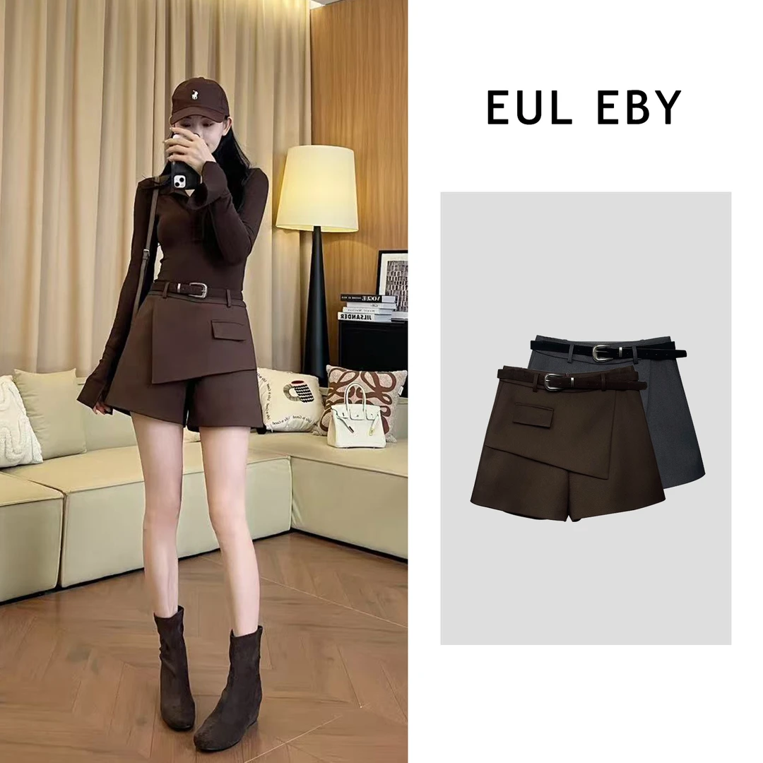 EUL EBY设计感西装短裙裤不规则秋季时尚高腰通勤阔腿裤女251425#