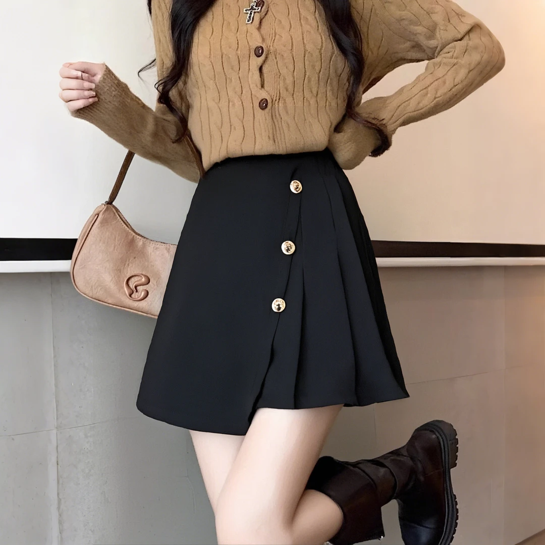 A不规则黑色百褶裙半身裙女高腰2025新款包臀裙A字裙潮7654