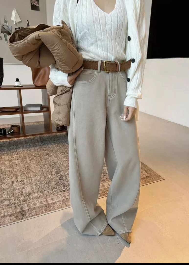 2025高腰阔腿明线设计配腰带复古风显瘦显高宽松拖地牛仔长裤