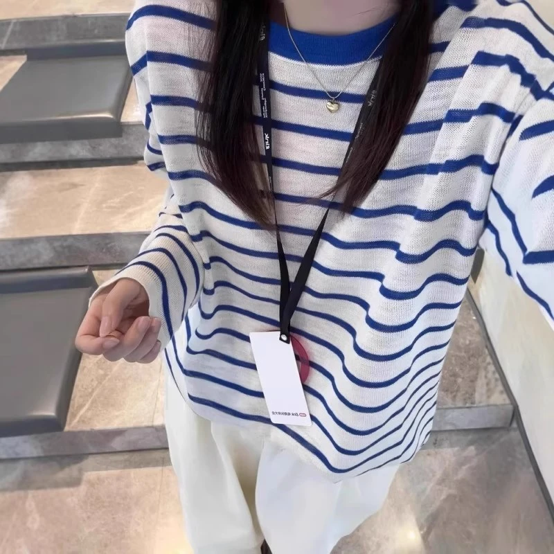 蓝色条纹圆领针织防晒罩衫女夏季薄款吊带外搭宽松显瘦长袖上衣