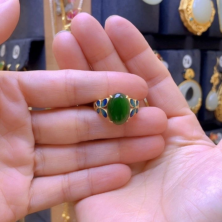 银S925镀金镶嵌戒指和田玉