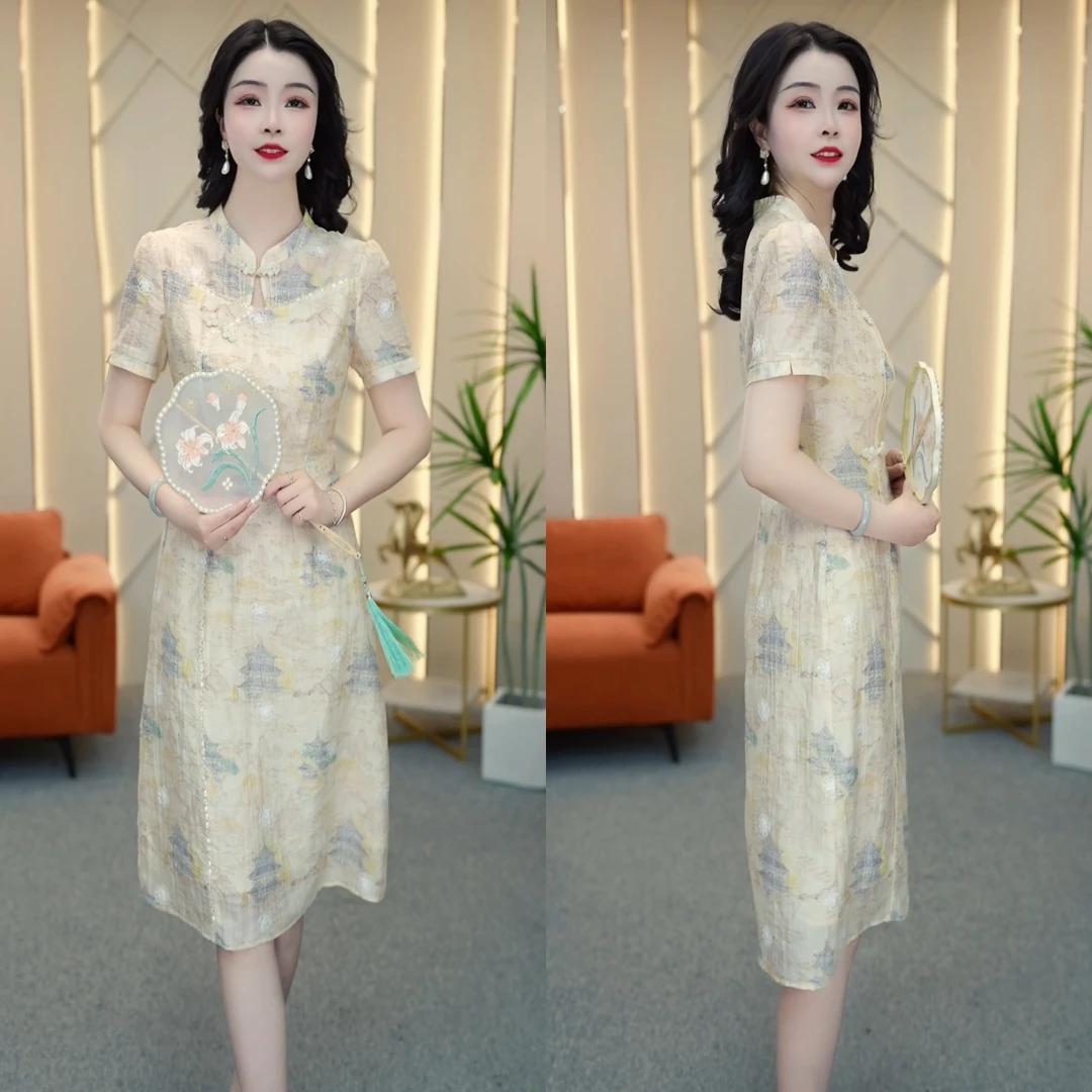2025夏季新款五一年轻妈妈日常减龄旗袍印花显高显瘦连衣裙M-4XL