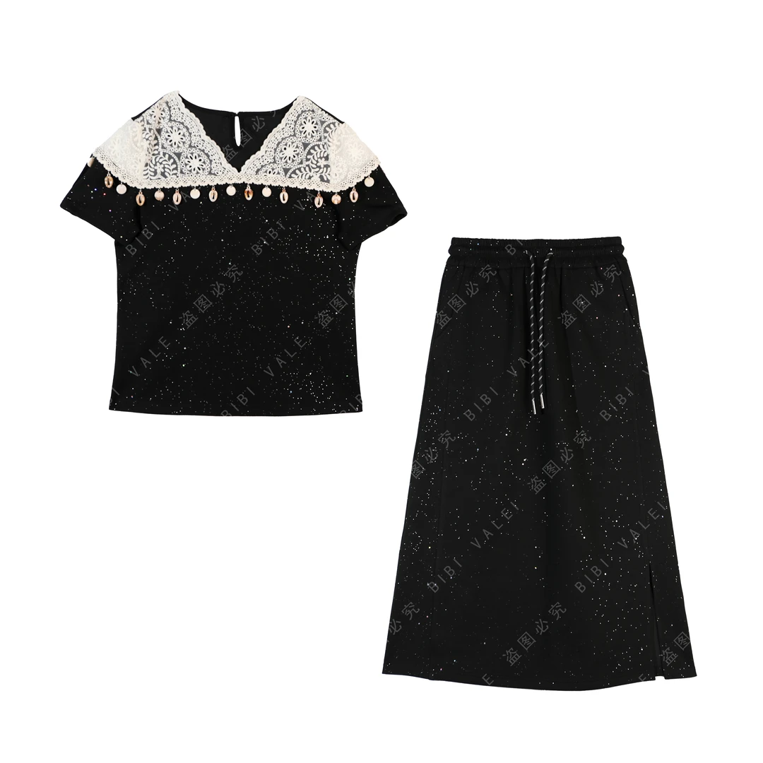 【LZ】夏日爆款高级设计师重工镂空蕾丝套装修身显瘦上衣A字裙