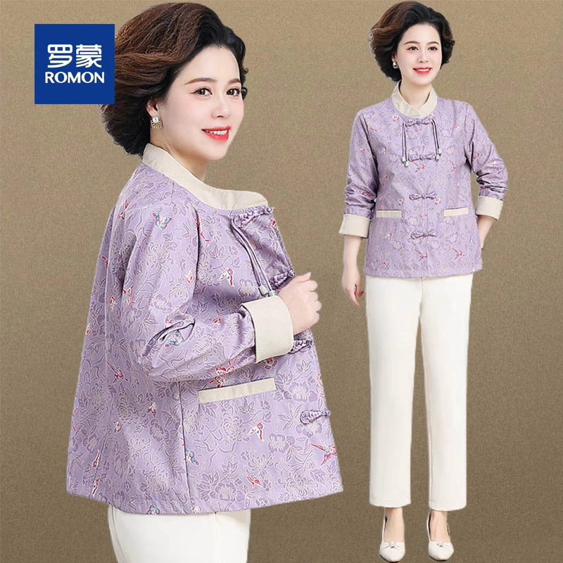 罗蒙妈妈小香风外套国风短款西服上衣中老年女春秋装福态盘扣夹克
