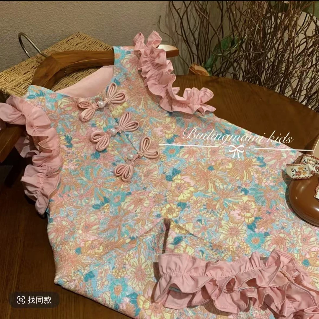 夏季女童装裙子无袖中国风碎花连衣裙（实物以直播间讲解为主）