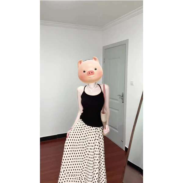 短款纯色挂脖吊带女夏性感紧身黑色无袖内搭背心外穿波点长裙套装