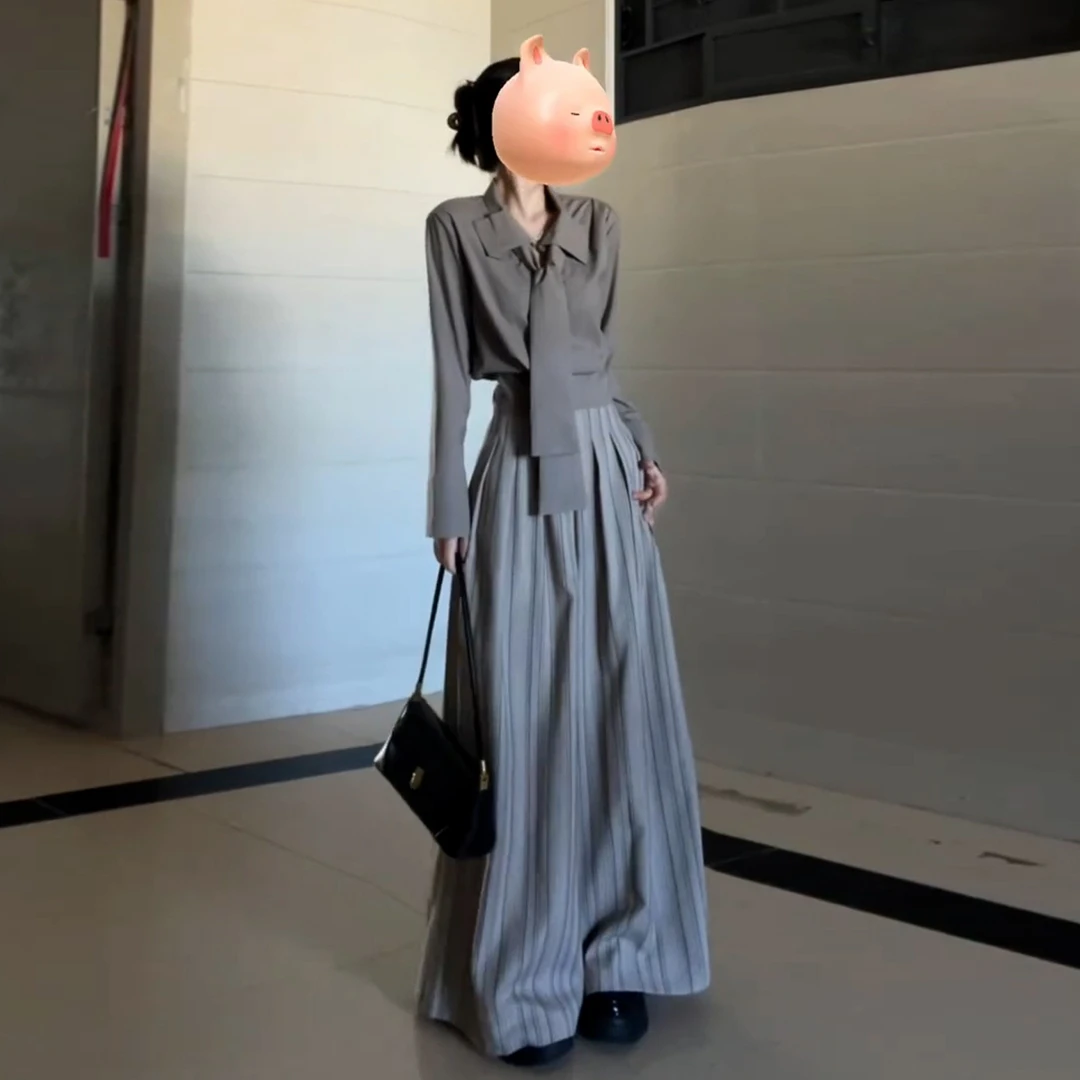 韩系通勤职业穿搭两件套早秋慵懒感长袖衬衫条纹阔腿裤一整套装女